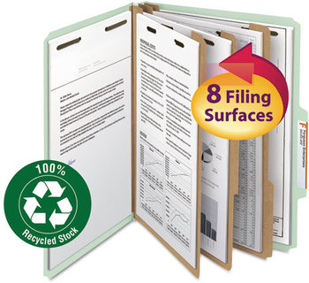 Smead™ 100% Recycled Pressboard Classification Folders 3" Expansion, 3 Dividers, 8 Fasteners, Letter Size, Gray-Green, 10/Box