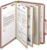 A Picture of product SMD-14092 Smead™ Pressboard Classification Folders with SafeSHIELD® Coated Fasteners Eight 2/5-Cut Tabs, 3 Dividers, Letter Size, Red, 10/Box