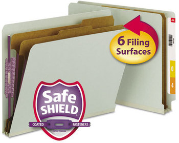 Smead™ End Tab Pressboard Classification Folders With SafeSHIELD® Coated Fasteners Six 2" Expansion, 2 Dividers, Letter Size, Gray-Green, 10/BX