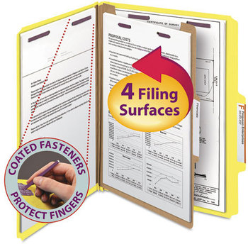 Smead™ Four-Section Colored Pressboard Top Tab Classification Folders with SafeSHIELD® Coated Fasteners Four 1 Divider, Letter Size, Yellow, 10/Box