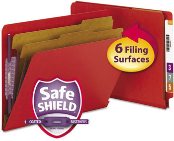 Smead™ End Tab Colored Pressboard Classification Folders with SafeSHIELD® Coated Fasteners Six 2" Expansion, 2 Dividers, Letter Size, Bright Red, 10/BX