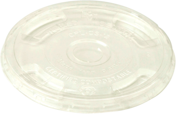 Biodegradable Ingeo™ Lid.  Fits 10 oz. to 24 oz. Cold Cups.  Flat Lid with Straw Hole.  100 Lids/Sleeve, 10 Sleeves/Case.